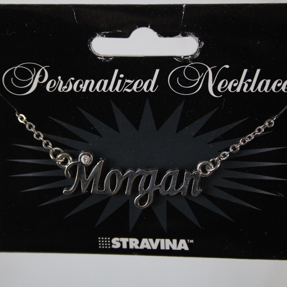 MORGAN Name Silvertone Rhinestone 14.5" w 4.5" Multi Ring Extender Necklace